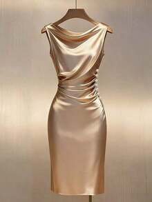 Vestido ajustado sin mangas con cuello drapeado de satén color dorado champán - Albaricoque - Ver 5