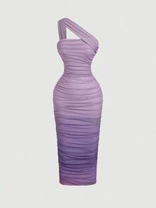 Vestido de malla de longitud media con un hombro, fruncido y efecto ombré - Morado Violeta - Ver 1