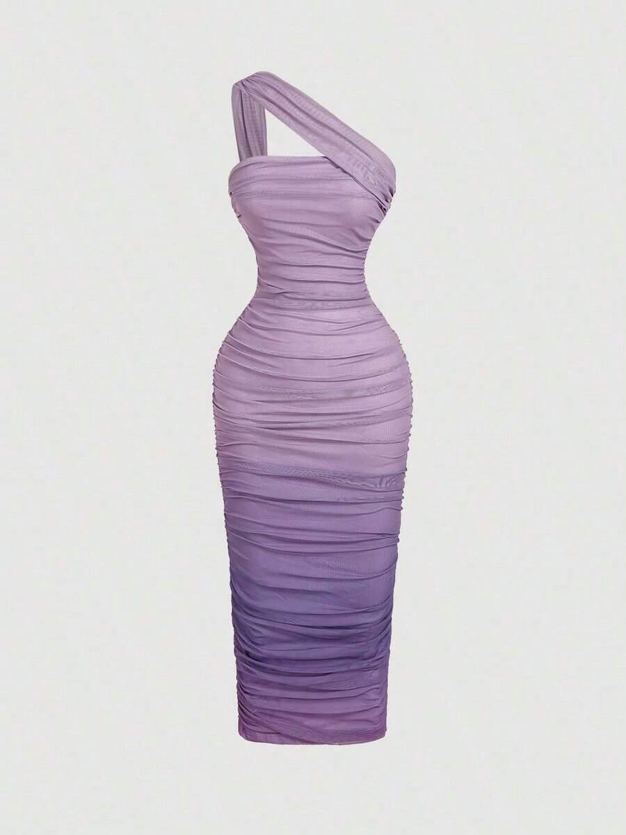 Vestido de malla de longitud media con un hombro, fruncido y efecto ombré - Morado Violeta - Ver 1