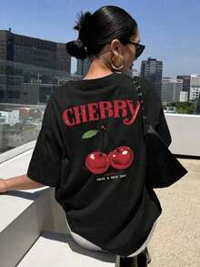 Women's Loose-Fitting T-Shirt With Round Neck And Print, Soft, Breathable And Comfortable, Short Sleeve, Casual Loose And Versatile Style, Suitable For Work, Daily Wear And Various Occasions, Casual Clothing, Fashionable For Summer, Comfortable And Fitted Top Made Of High Quality 200g 100% Pure Cotton Fabric. - 黑色 - 查看 3