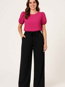 Casual Wide-Leg Pants, Knit Fabric, None, Pants, Office, Holiday - 黑色 - 查看 2