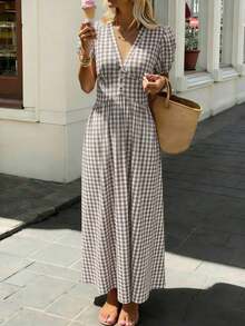 Vestido midi de corte evasé con cuello en V, mangas con volantes y cintura ceñida con estampado de cuadros para mujer - Caqui - Ver 1