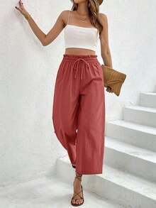 Pantalones casuales de mujer con cintura con cordón a cuadros - Color caoba - Ver 5