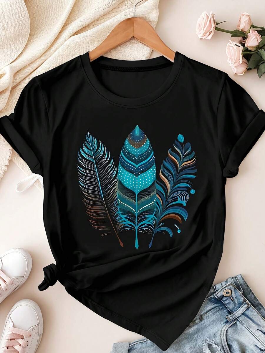 Camiseta de Manga Corta para Mujer Talla Grande - Estampado Geométrico de Arte Pop Vibrante, Corte Relajado en Tela Suave y Transpirable, Lavable a Máquina, Top Casual de Verano para Primavera y Verano, Ropa Casual de Primavera - Negro - Ver 1