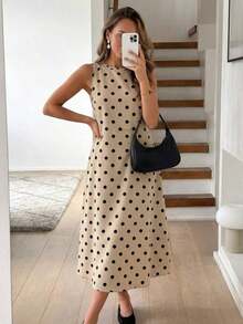 Vestido casual de mujer de longitud media con estampado, adecuado para primavera y verano - Caqui - Ver 2