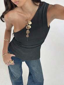 Blusa de moda sin mangas para mujer con cuello oblicuo y fruncido lateral para el trabajo - Gris Oscuro - Ver 8