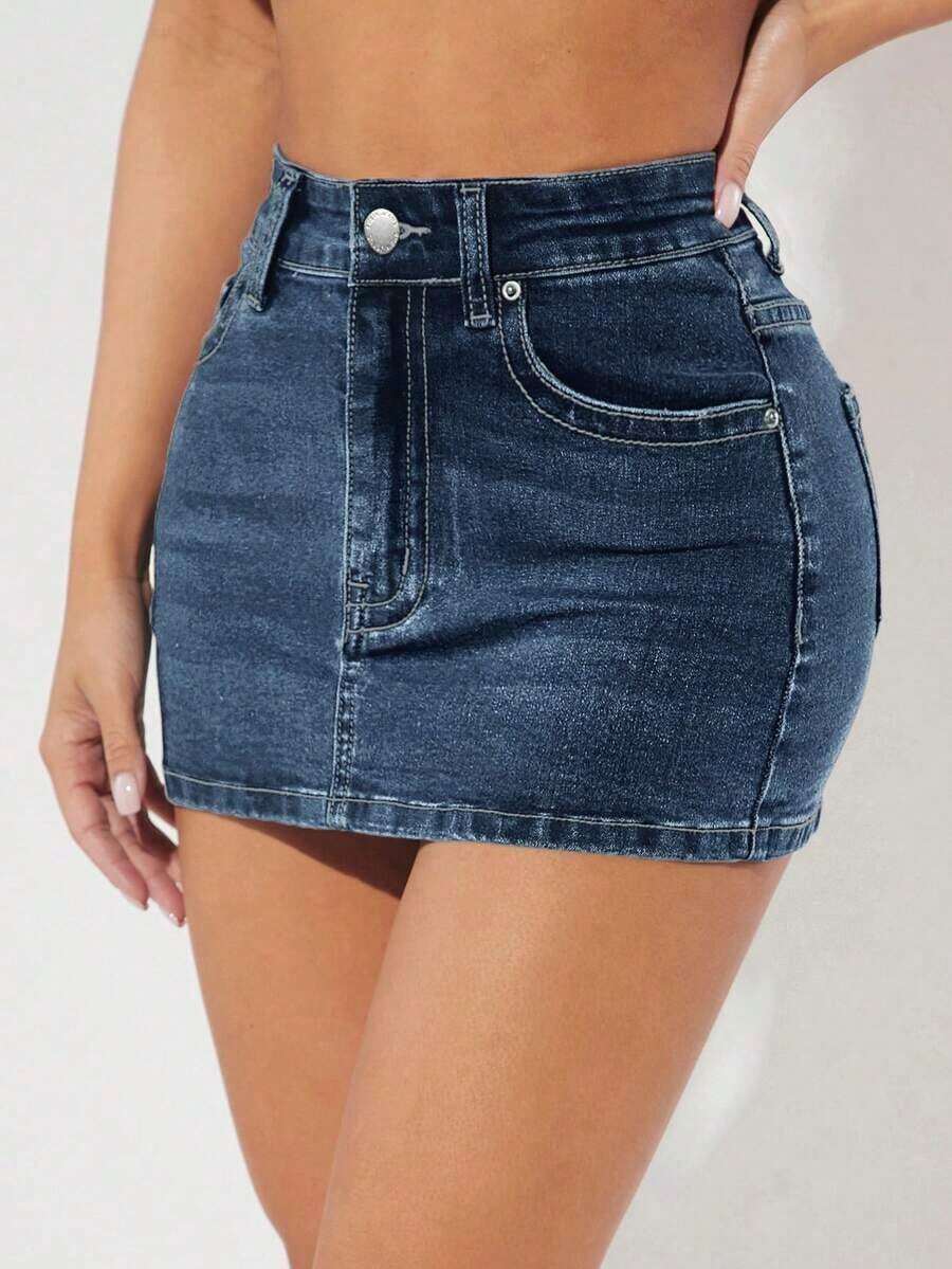 Falda en mezclilla de talle alto ajustado - Azul - Ver 1