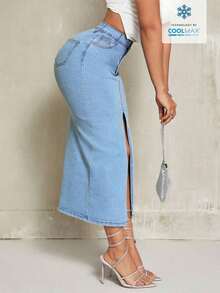 Minifalda de mezclilla ajustada y sexy con bolsillo diagonal y abertura alta en un solo color para mujer - Azul - Ver 9
