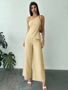 Nuevo conjunto de verano elegante de vacaciones de 2 piezas de lino, con top de cintura fruncida y espalda descubierta de dobladillo asimétrico en color albaricoque y pantalón largo de cintura alta - Amarillo claro - Ver 1