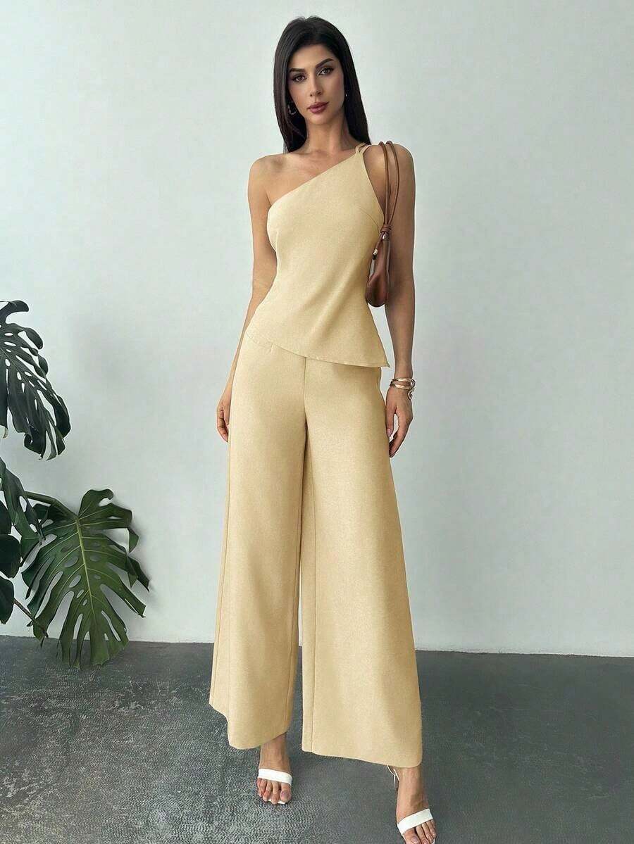 Nuevo conjunto de verano elegante de vacaciones de 2 piezas de lino, con top de cintura fruncida y espalda descubierta de dobladillo asimétrico en color albaricoque y pantalón largo de cintura alta - Amarillo claro - Ver 1