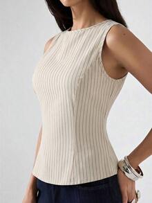 2026 Nueva Camiseta de Tirantes Ajustada de Cuello Redondo a Rayas de Color Albaricoque Minimalista, Adecuada para Trabajo/Casual de Negocios/Oficina, Top de Moda para Mujer - Albaricoque - Ver 5