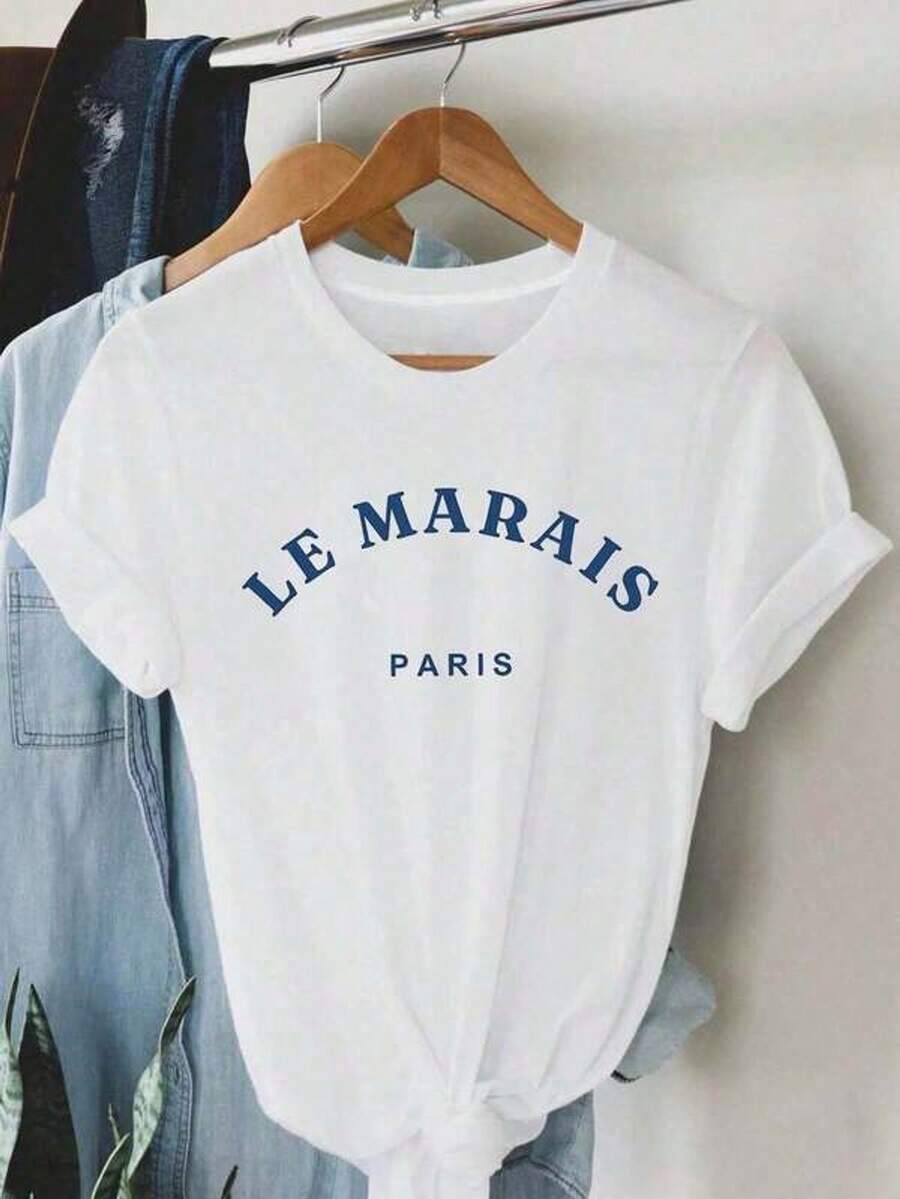 Women's "Le Marais Paris" Casual Graphic T-Shirt - Short Sleeve, Crew Neck, White With Blue Print, Lightweight Polyester Blend, Spring/Summer, Ladies' T-Shirts, Go-Out Wear, Women's Clothing - 白色 - 查看 1