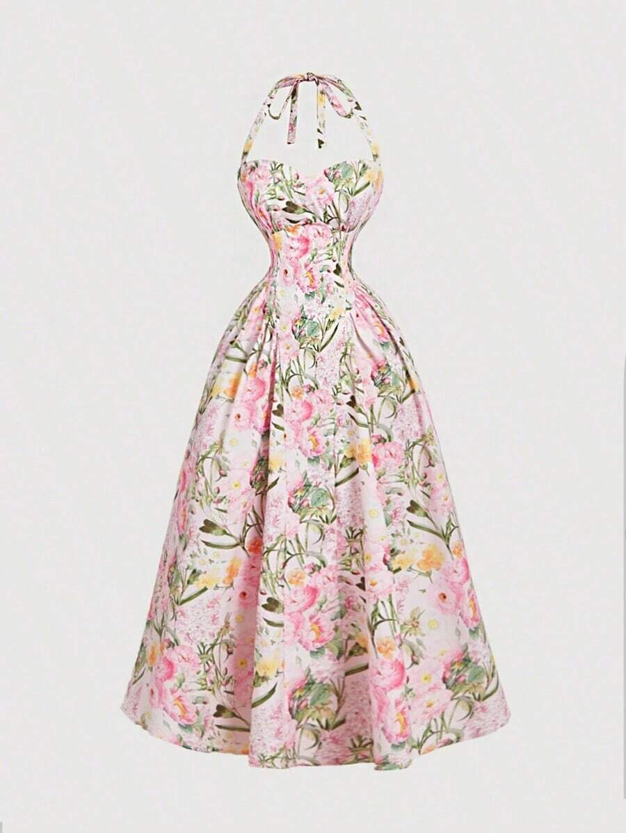 Vestido largo con estampado floral romántico con escote de cuello alto, para el Día de San Valentín, vestido de primavera, atuendo para brunch, atuendo para fiesta del té, atuendo para vacaciones en la playa, vestido floral para mujer, vestido v - Multicolor - Ver 1