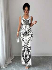 Exquisita bata de estilo retro de lujo con estampado de chinoiserie, cintura ceñida y abertura en el bajo, al estilo de Oriente Medio y los Emiratos Árabes Unidos - Negro - Ver 5