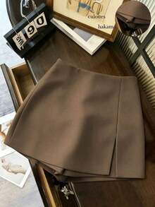 Pantalones cortos/falda/culotte/shorts de mujer de tela suave y texturizada de cintura alta con abertura, de uso versátil y casual, para primavera/otoño - Marrón - Ver 6