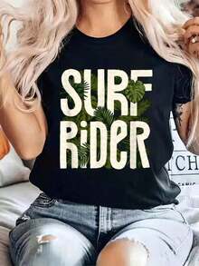 Women's 100% Cotton Blouses, "Good Chill Vibes Aloha Beach Surfboard Hawaii" Print T-Shirt, Round Neck, Summer, Soft Short-Sleeved Top, Stylish And Comfortable Women's T-Shirt, Printed T-Shirts, Suitable For Spring, Summer And Autumn. - 黑色 - 查看 7