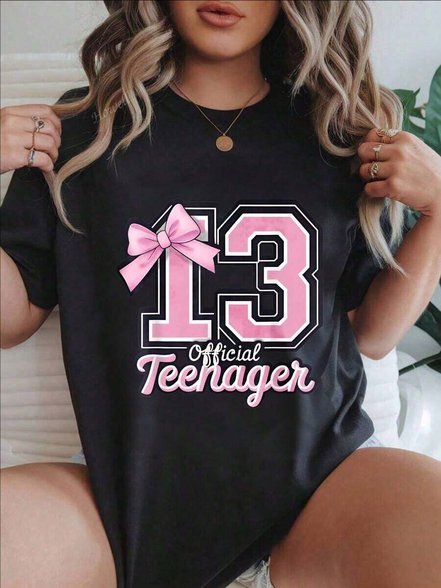 Women's Casual Short Sleeve T-Shirt - Pink With Number Thirteen Bow, Official Teen Print, Crew Neck, Summer Top, Machine Washable, Ladies' T-Shirts, Casual Wear, Modern Style, Comfortable Fit
Black - 黑色 - 查看 1