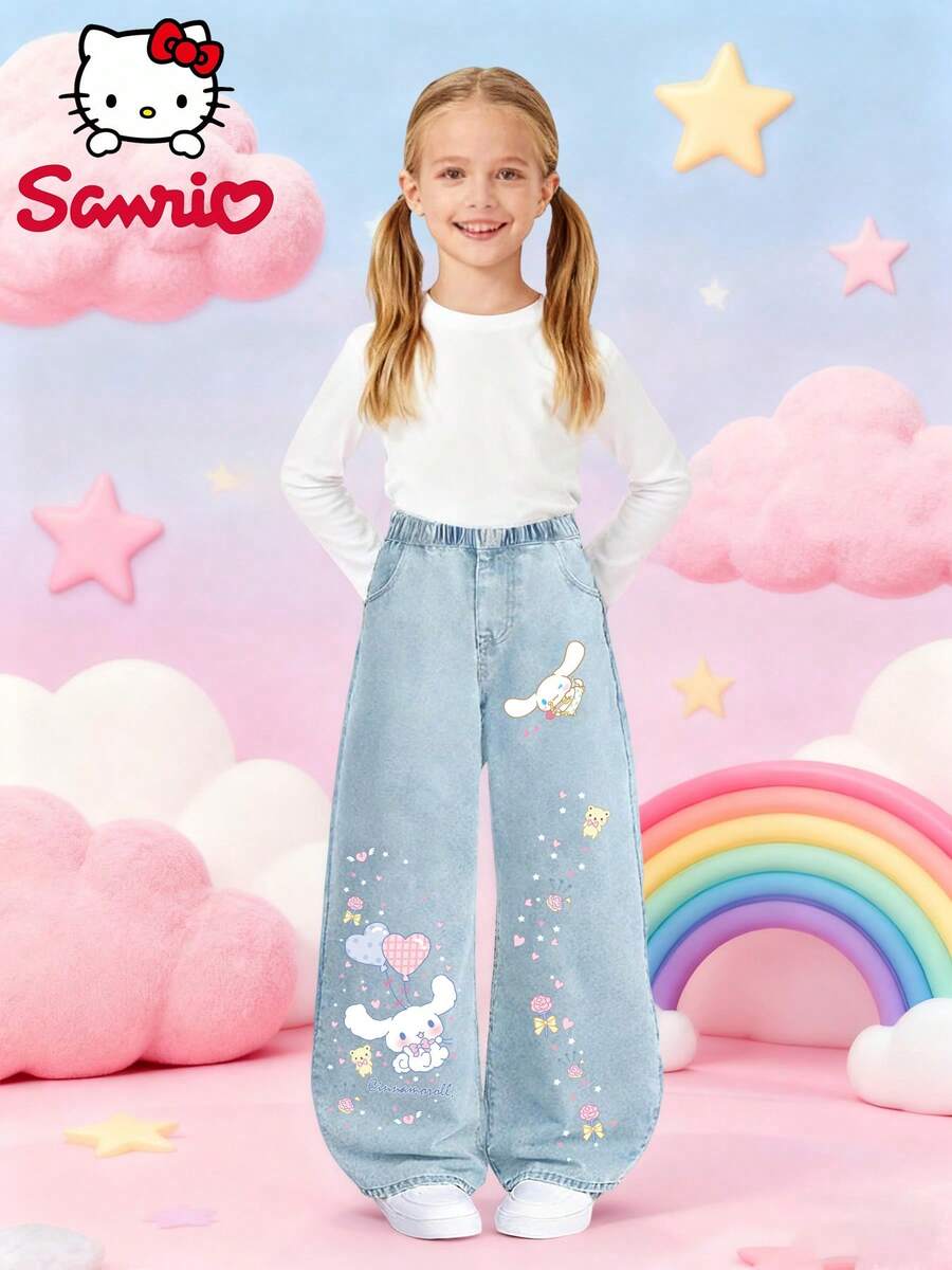 Cinnamoroll Girls Light Wash Denim Pants, Sanrio Cartoon Print Wide Leg Jeans, Elastic Waist Soft & Comfy Casual Trousers, Cute Kawaii Style For School & Daily Wear - 淺色水洗藍 - 查看 1