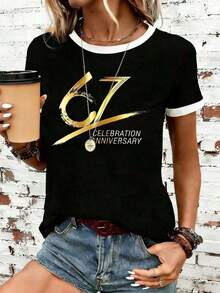 1 Piece Of Summer T-Shirt For Mother's Day, For Women, With "Cruise Life" And "Summer Vibe" Letter Print, Short Sleeve, Round Neck, Loose And Comfortable, Summer Clothing, Easter, 180g, 100% Cotton, All Designs Are Printed. Unisex. - 黑色 - 查看 2