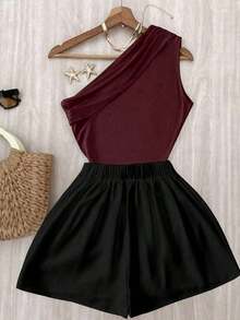 Conjunto de top plisado de hombro de color marrón sólido y elástico para uso casual y pantalones blancos de cintura elástica - Burdeos - Ver 2