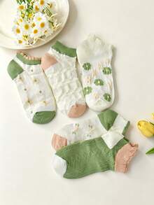 5 pares de calcetines de tela con patrón de diamantes y flores de estilo palaciego en tonos verdes aleatorios, suaves y cómodos, versátiles para uso casual, en el hogar, diario, trabajo, festivales y talla grande ocasiones - Multicolor - Ver 5
