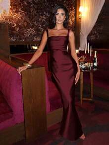 Red Satin Square Neck Maxi Dress, Ruched Bodycon Formal Evening Gown With Gloves - Burgundy - View 8