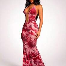 Sexy Watercolor Floral Print Dress With Backless Cutout Detail, Suitable For Dates, Gatherings, Birthday Parties, Holidays, Beach Vacations, Spring/Summer,Summer Dresses For Women - Multicolor - Ver 2