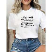 Camiseta de talla grande para mujer con versículo bíblico en español, ropa de fe cristiana con la escritura Romanos 5:3-4, letras inspiradoras en español en blanco y negro, cuello redondo, atuendo casual, ropa cristiana ligera para mujeres, conjuntos para grupos de iglesias de habla hispana, top de manga corta para primavera y verano con elasticidad media, lavable a máquina, ajuste elegante y cómodo, diseño con versículo bíblico en español, 100% algodón. - Blanco - Ver 6