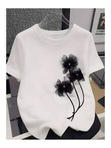 Premium överdimensionerad t-shirt med svart blommönster, lös och bekväm - Vitt - Visa 5