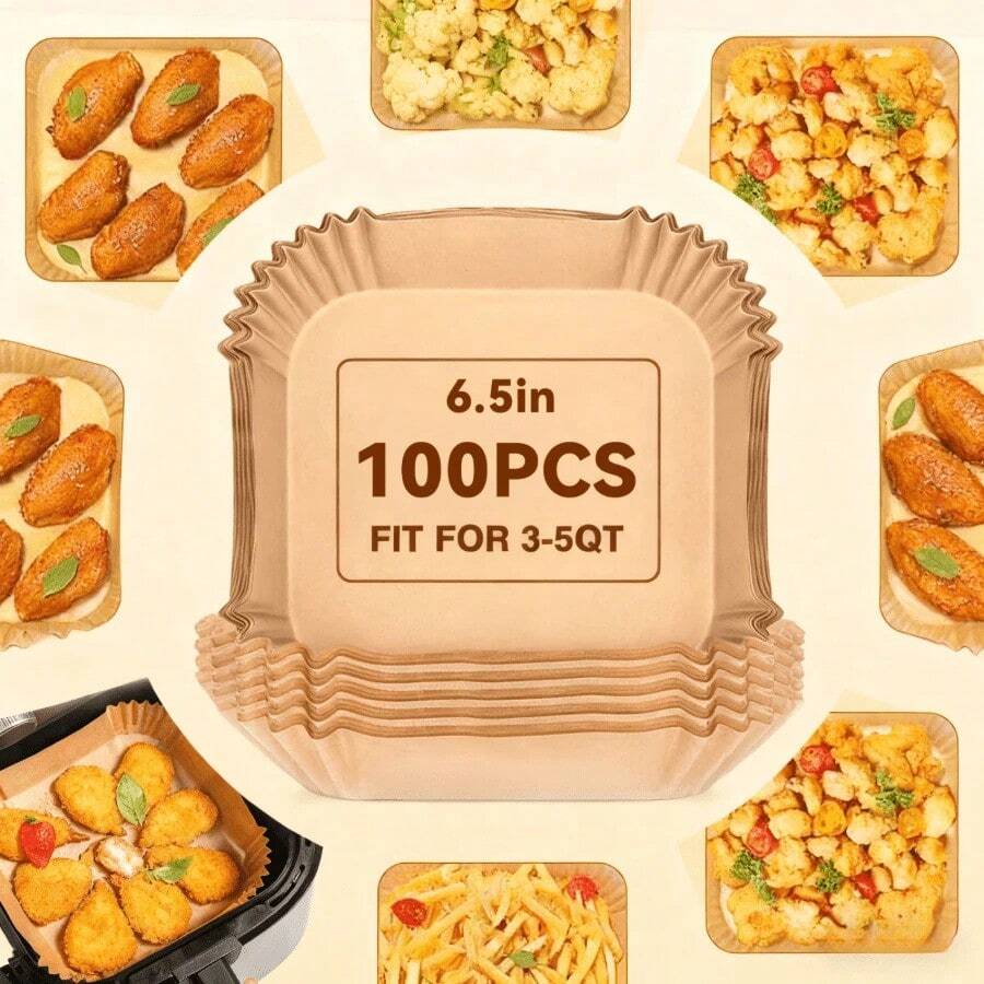 Square Air Fryer Liners Disposable, 100pcs Nonstick Parchment Paper Liners Air Fryer Paper Liners For 3-5 Qt AirFryer Baking Roasting Microwave - Khaki - View 1