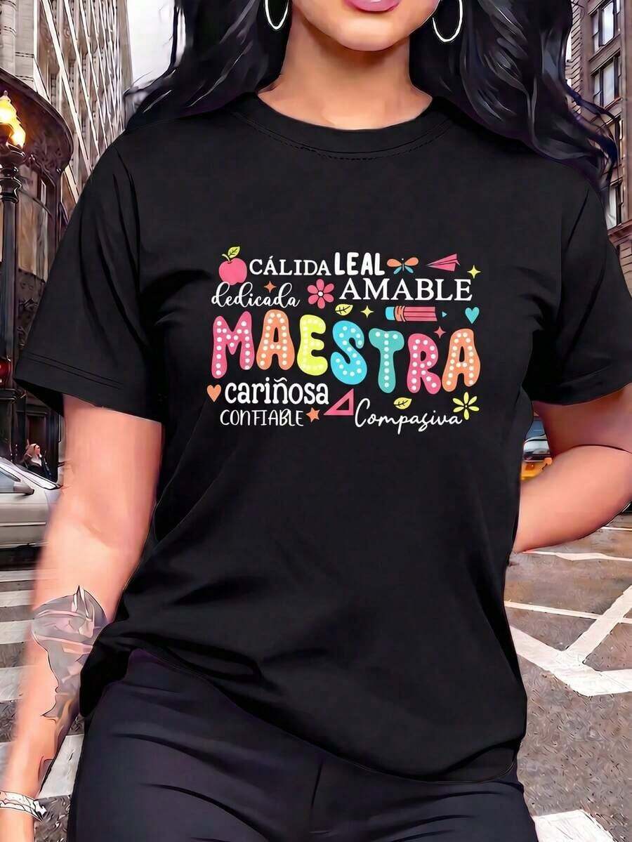 Camiseta Casual Negra para Mujer Solt con Estampado de la Palabra 'MAESTRA' en Español, Manga Corta, Cuello Redondo, Corte Regular, Top de Poliéster con Diseño Gráfico - Negro - Ver 1