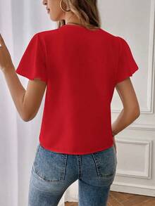 Camisa de mujer de unicolor con escote en V entallado y manga corta, informal y adecuada para el trabajo, blusas de manga corta - Rojo - Ver 2
