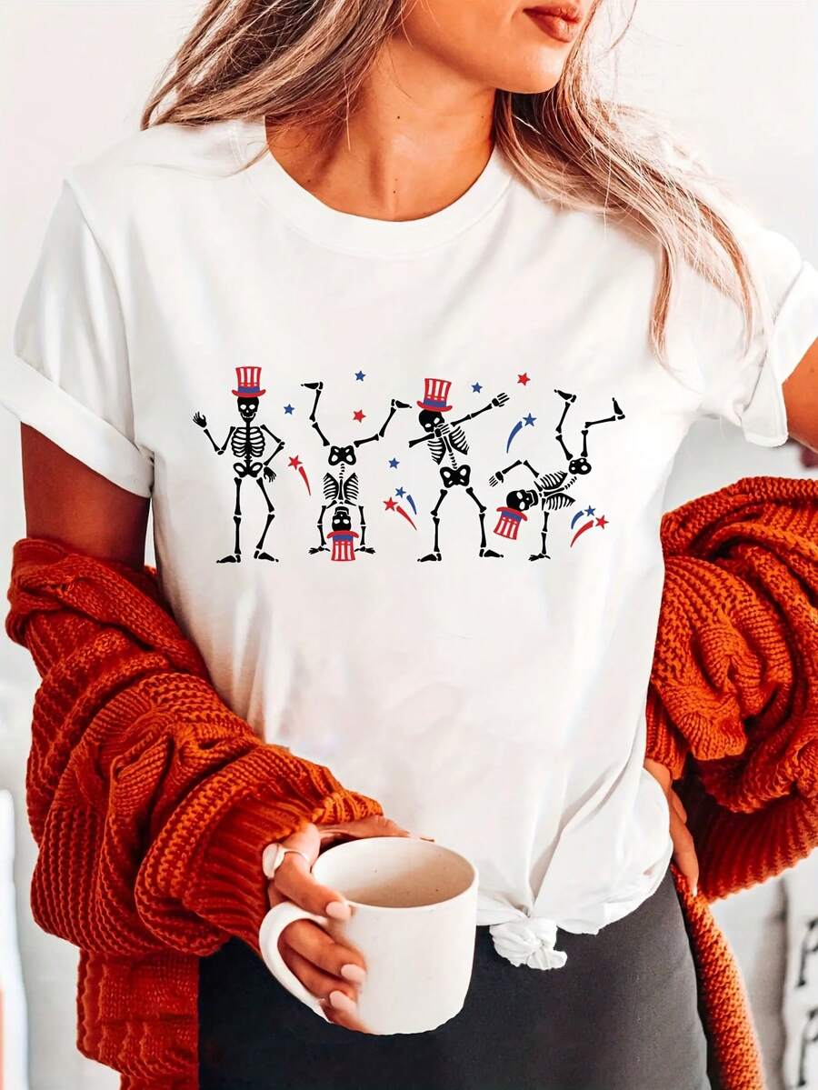 Women's Pure Cotton T-Shirt, Holiday Edition 4, Skeleton Design With Dancing Red Hat, Pure Cotton Letter Print T-Shirt, Short Sleeve, Round Neck, Casual Style, Suitable For Women's Summer And Spring Clothing. - 白色 - 查看 1