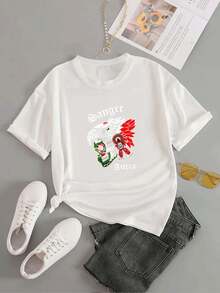 1 Piece Of Women's Blouse, Beautiful Blouses For Women, Women's Clothing Sets, High-Quality Black And White  T-Shirt With Skull And Eagle Print, Round Neck, Basic Loose Fit, Breathable, Versatile, Machine Washable, Comfortable, Size S-3XL, Essential For Daily, Casual And Sporty Summer Wear. - 白色 - 查看 4