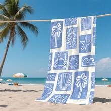 1-Piece Rustic Coastal Beach Towel-Hand Painted Palm Trees, Shells And Starfish On Blue Background, Soft Quick-Drying Microfiber For Travel, Swimming, Poolside, Sand, Machine Washable Outdoors - Multicolor - View 4