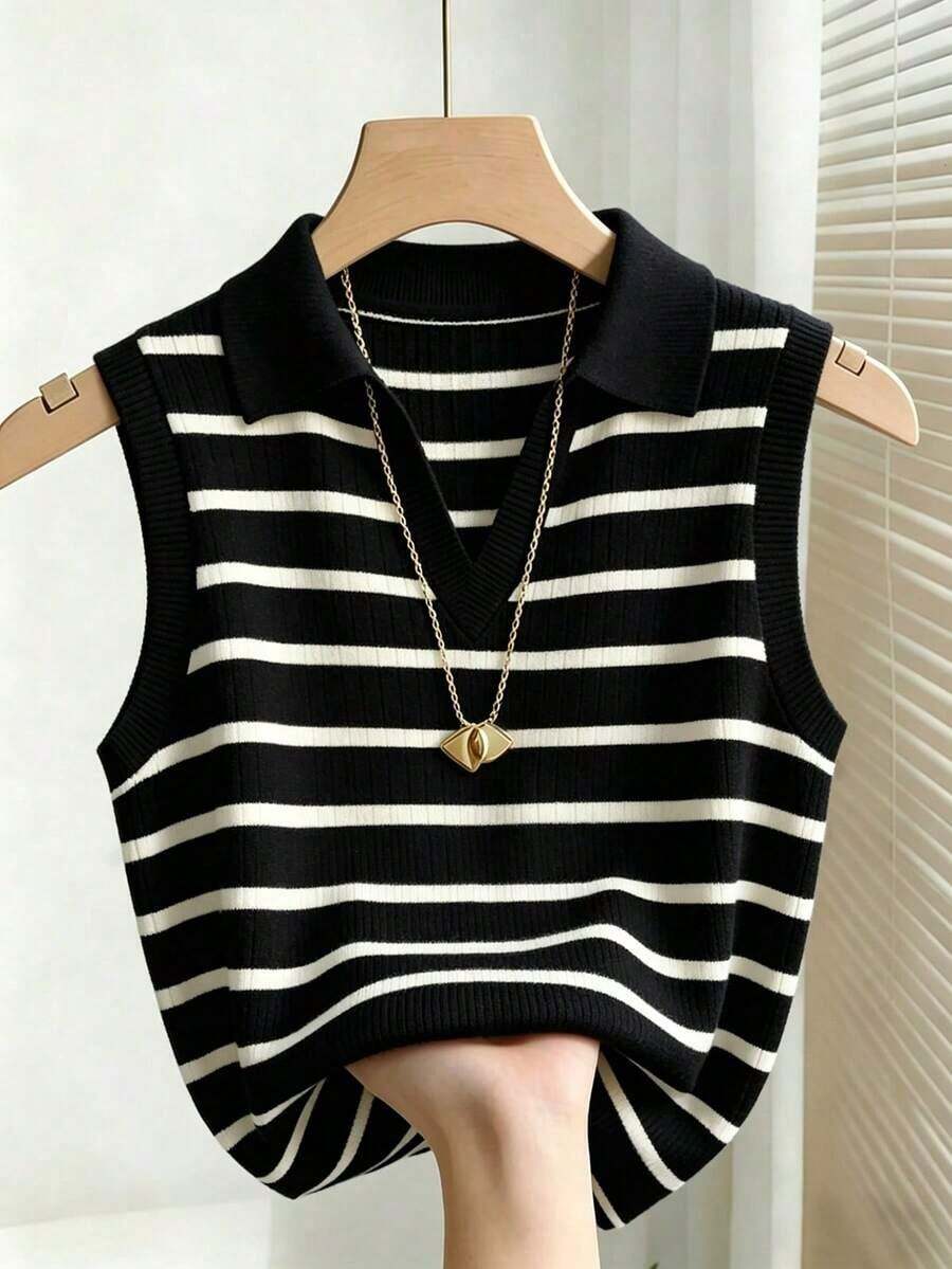 Chaleco de punto de rayas con cuello para mujer, elegante y casual - Negro - Ver 1