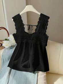 Blusa sin mangas de verano para mujer, de unicolor con parches de encaje - Negro - Ver 2