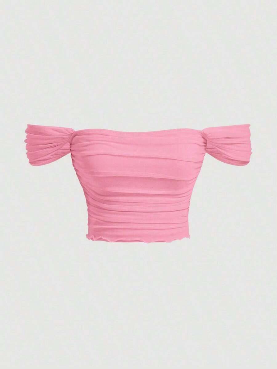 Top de hombros descubiertos fruncido de malla - Rosa - Ver 1