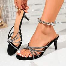 Giày sandal cao gót mũi nhọn đính đá cho nữ, kiểu dáng thanh lịch, hở mũi, màu đen, thích hợp cho các bữa tiệc mùa hè và hộp đêm. - màu đen - Xem 8