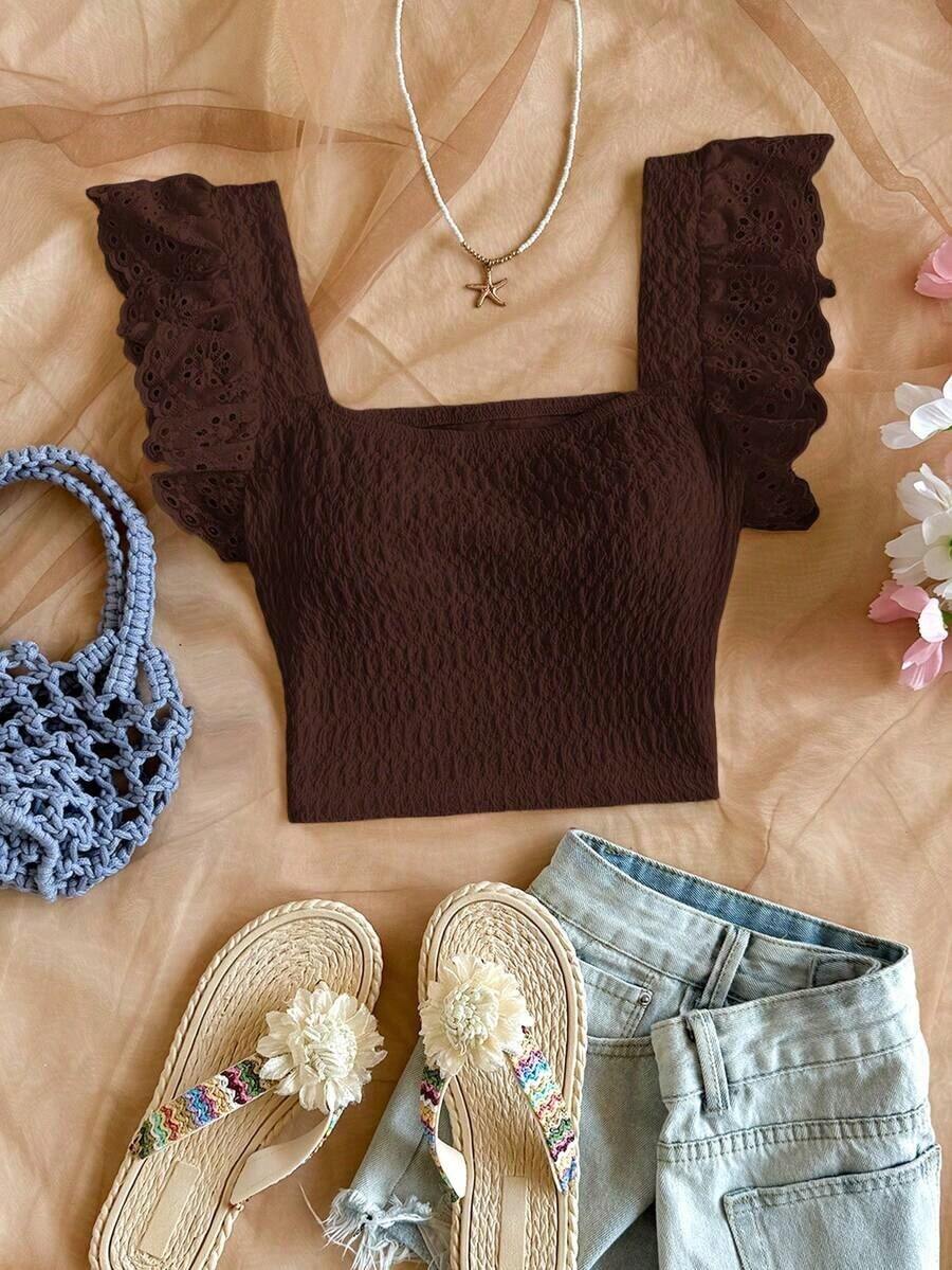 Elegante top corto de mujer de punto con plisados, adornos de encaje floral y diseño ideal para vacaciones - Café integral - Ver 1