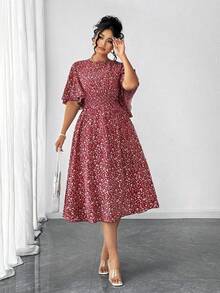 Vestido midi de línea A con cuello redondo, mangas con volantes y cintura recogida, con estampado floral pequeño, elegante y casual, talla grande para mujer - Rojo - Ver 3