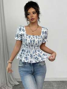 Blusa de mujer con estampado floral diminuto, mangas abullonadas y dobladillo con volantes - Azul - Ver 4