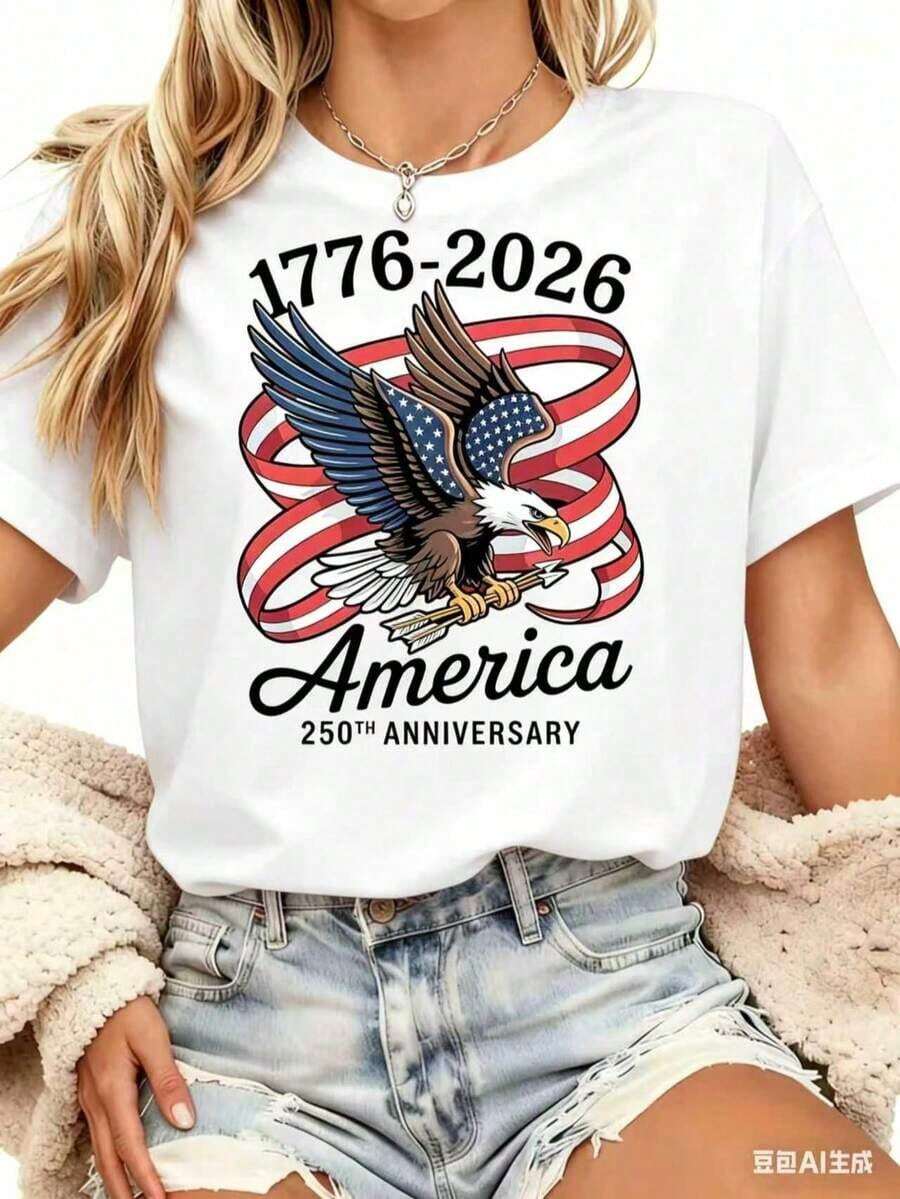 Camiseta Casual para Mujer |     Estados Unidos de América, Estampado de Águila y Bandera del 250º Aniversario, 1776-2026, Ropa para Celebración del Día de la Independencia, Cuello Redondo, Mangas Regulares, Tela Ligeramente Elástica, Transpirable para Verano - Blanco - Ver 1