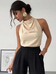negra ajustada de estilo casual y elegante para la temporada de primavera/verano, con cuello asimétrico, sin mangas, escote halter, espalda descubierta y decoración de lazo - Caqui - Ver 4