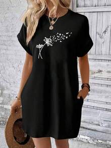 Vestido de mujer con bolsillos estampado diente de león Ropa casual suelta para el verano - Negro - Ver 3