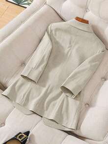Blazer de lino de 3/4 de manga con cintura ajustable, diseño de botones, adecuado para ir al trabajo, eventos formales, fiestas elegantes, ropa de oficina - Primavera, Verano, Otoño - Caqui - Ver 2
