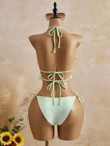 Bellisia Top de bikini de mujer de punto texturizado marrón con cuentas y piedras - verde menta - Ver 2