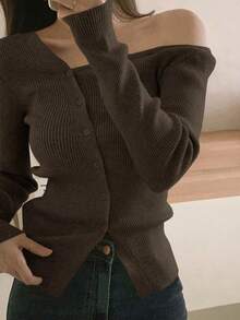 Blusa casual de mujer de punto acanalado con botones y manga corta - Café integral - Ver 5