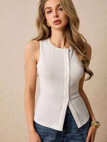 Camiseta sin mangas casual de cuello redondo y de un solo abotonadura para mujer - Blanco - Ver 3