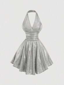 Vestido de fiesta elegante de mujer con estampado de cerezas, escote halter, espalda descubierta y cintura fruncida - Plateado - Ver 4